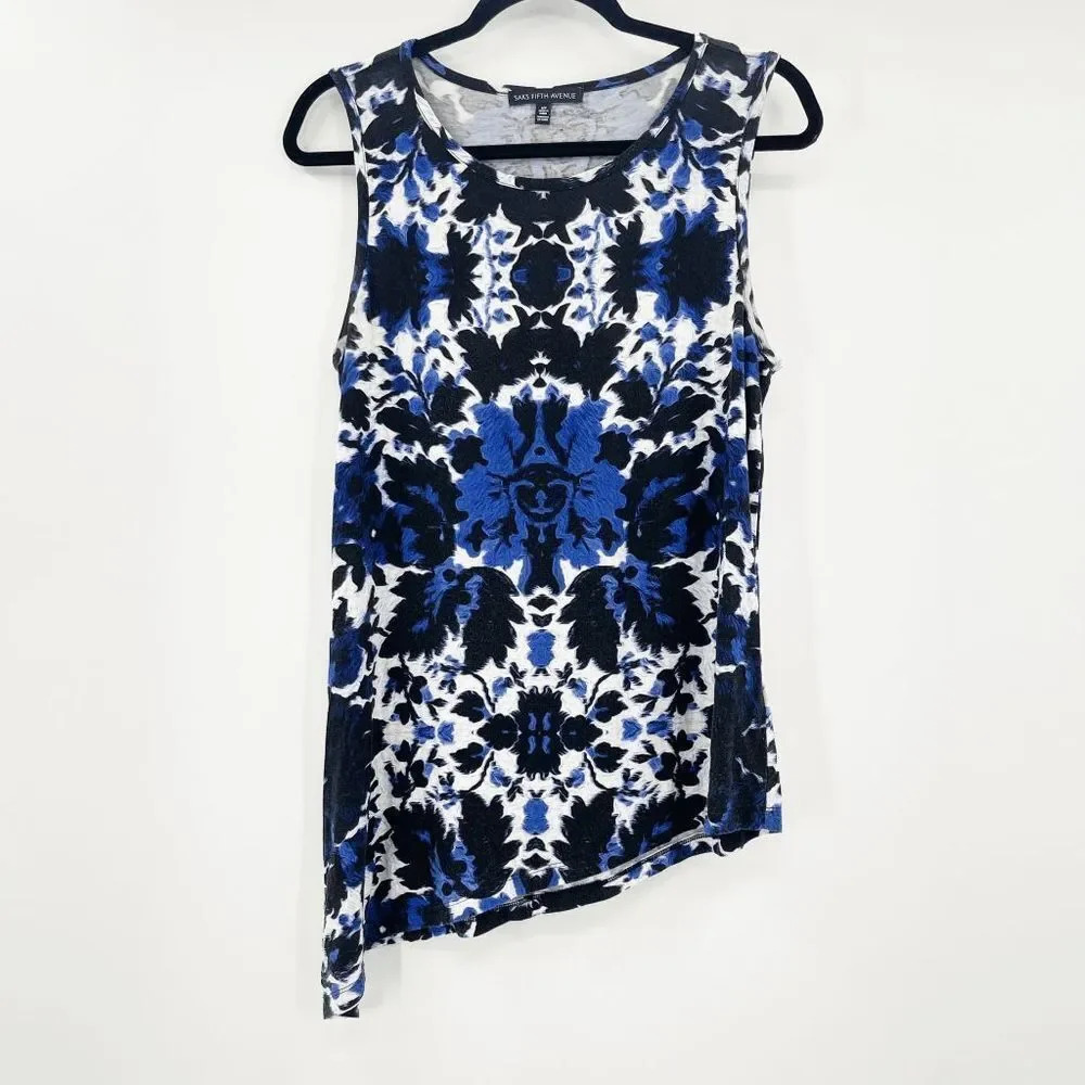 Saks Fifth‎ Avenue Asymmetrical Tank Top Women's Size S Blue Damask Size S